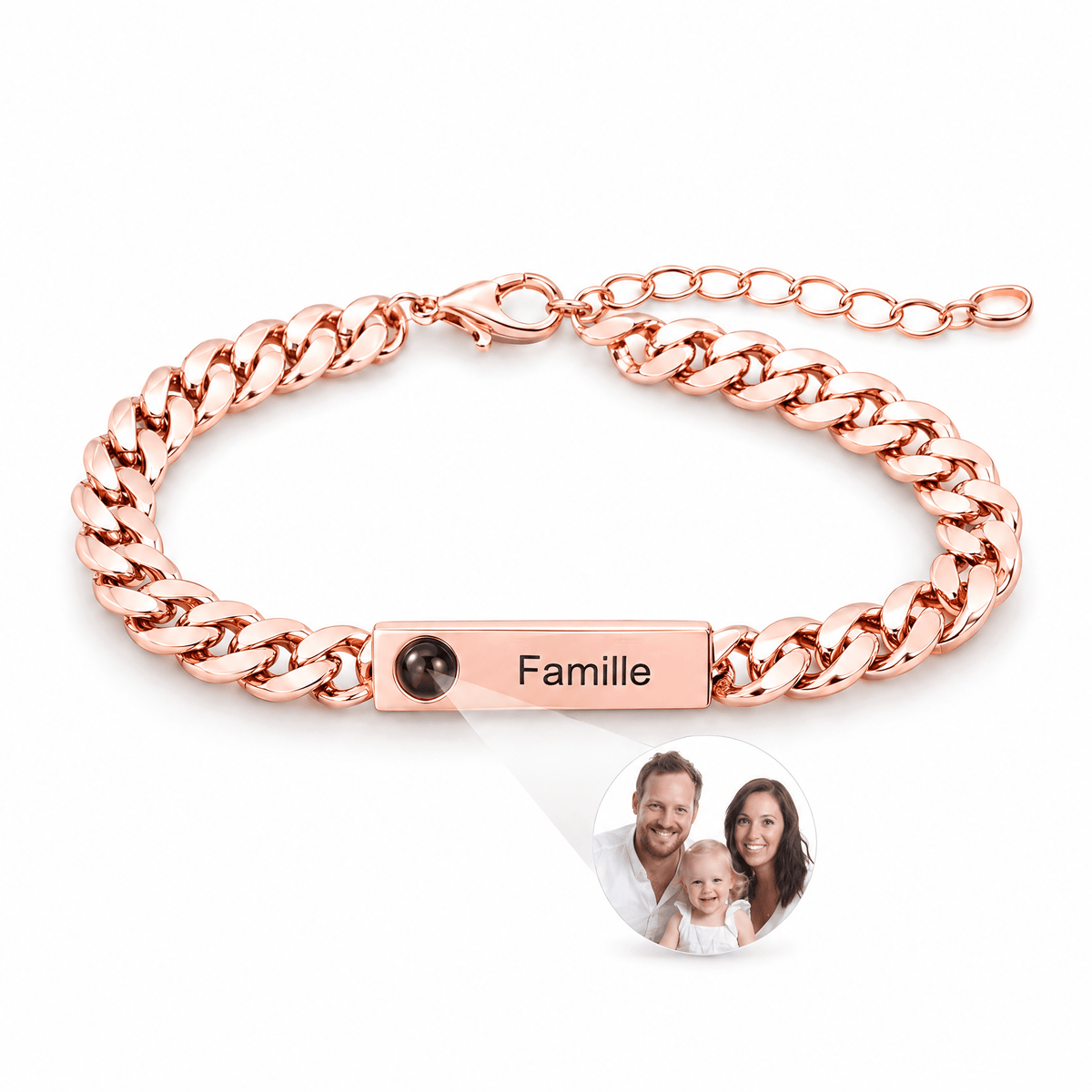 Bracelet photo personnalisé, gourmette à graver, en acier inoxydable — modèle Stey — Or rosé — packshot studio photo sous lentille