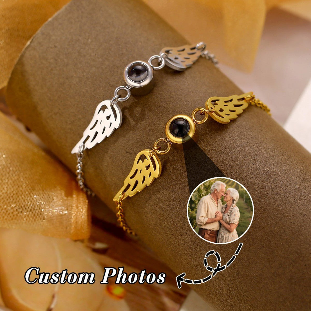 Bracelet photo projection, ailes protectrices, bijou personnalisé, acier inaltérable, cadeau émotion, modèle Flya