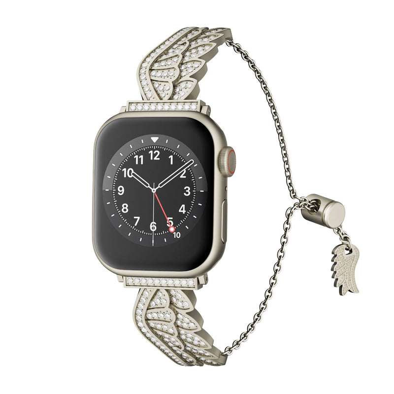 Bracelet argenté en acier inoxydable avec aile d'ange ajourée et finition scintillante pour Apple Watch.
