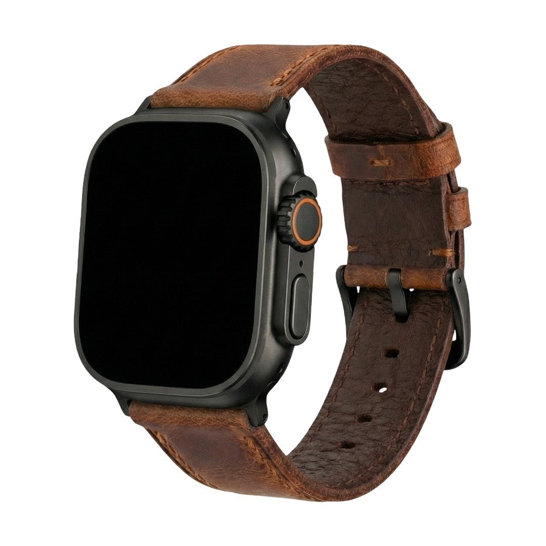 Armband für Apple Watch aus braunem Vollleder, robuster Verschluss aus Stahl, täglicher Tragekomfort am Handgelenk, Modell Eugène