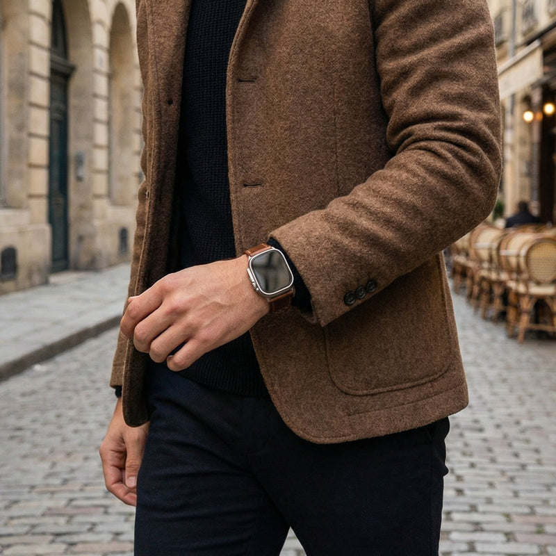 Armbånd til Apple Watch i fuldnarvet brunt læder, robust stållås, daglig komfort om håndleddet, model Eugène