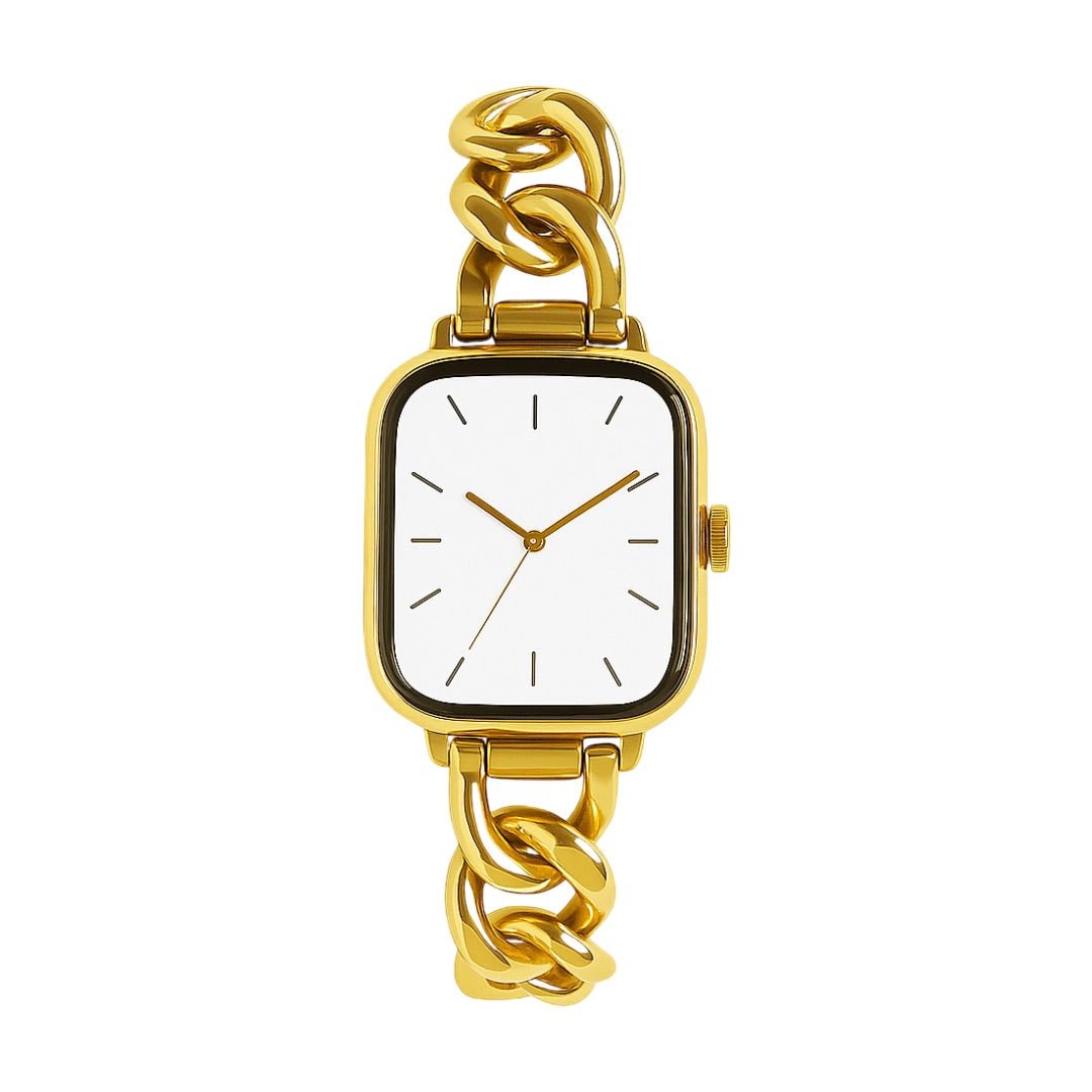 Bracelet mailles cubaines doré en acier inoxydable pour Apple Watch, design minimaliste chic, ajustable.
