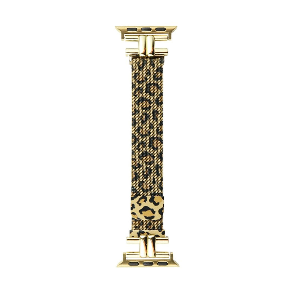 Bracelet fin pour Apple Watch en cuir à motif léopard, attaches dorées élégantes.