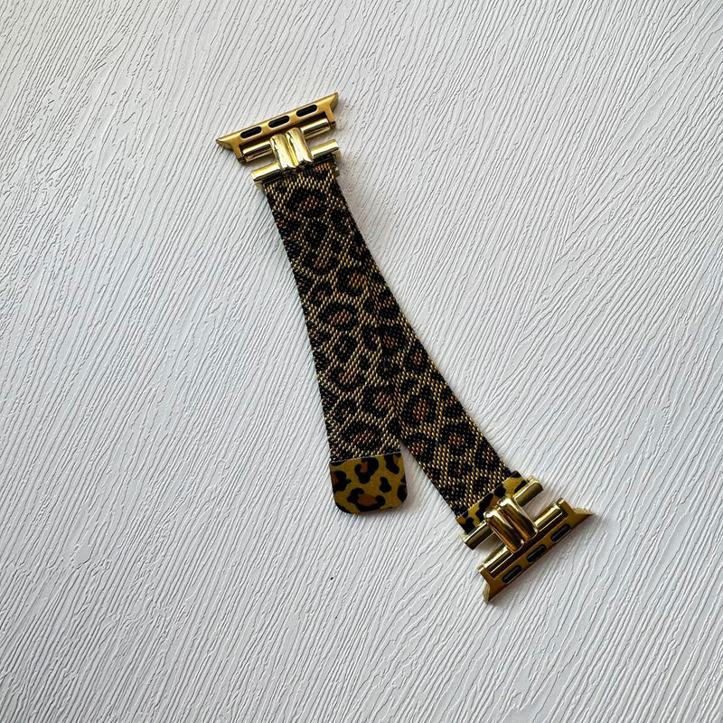 Bracelet léopard fin pour Apple Watch avec fixations dorées éclatantes, style chic Parus.
