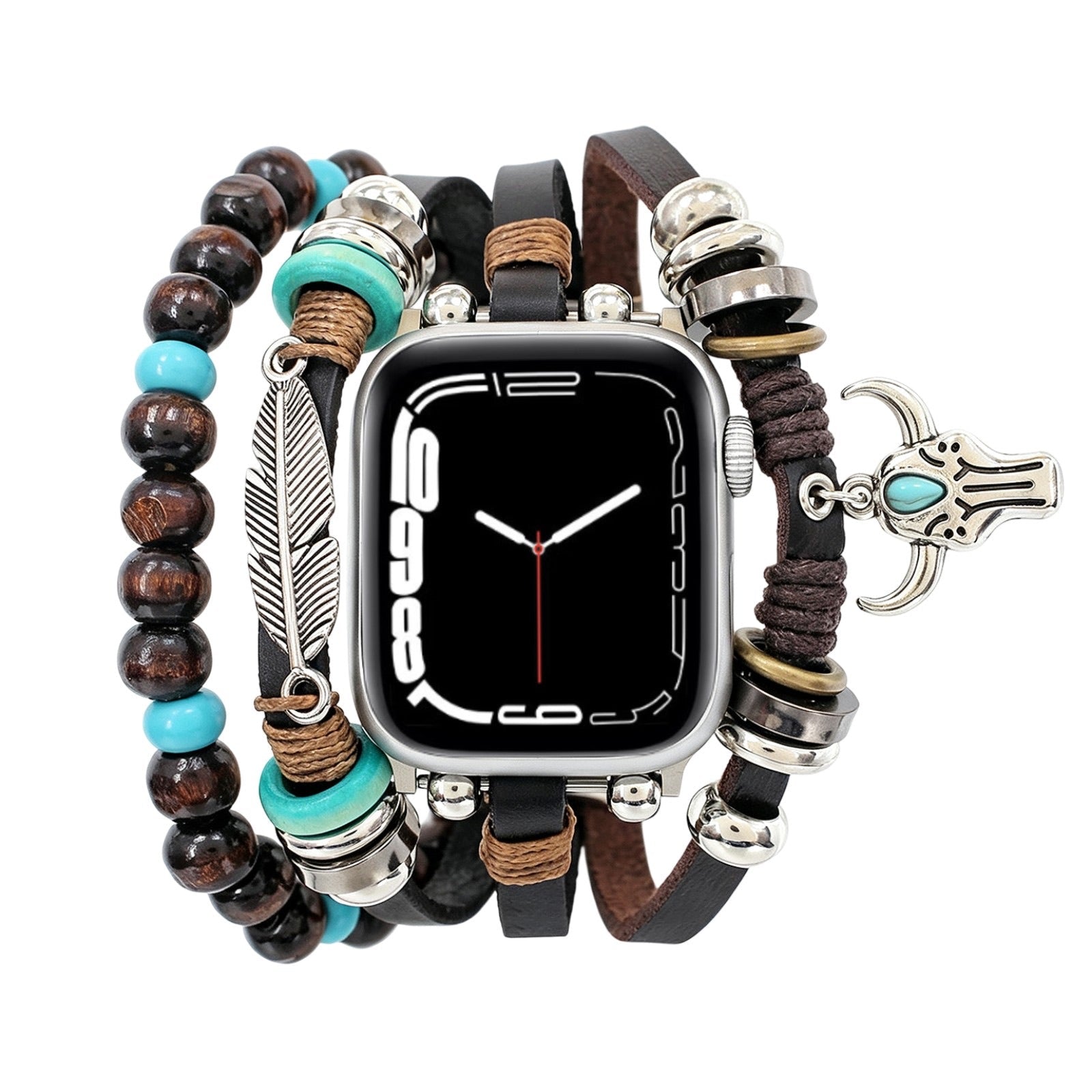 Bracelet pour Apple Watch, pendentifs plume et tête de buffle, plusieurs rangs, longueur ajustable, modèle Bufa