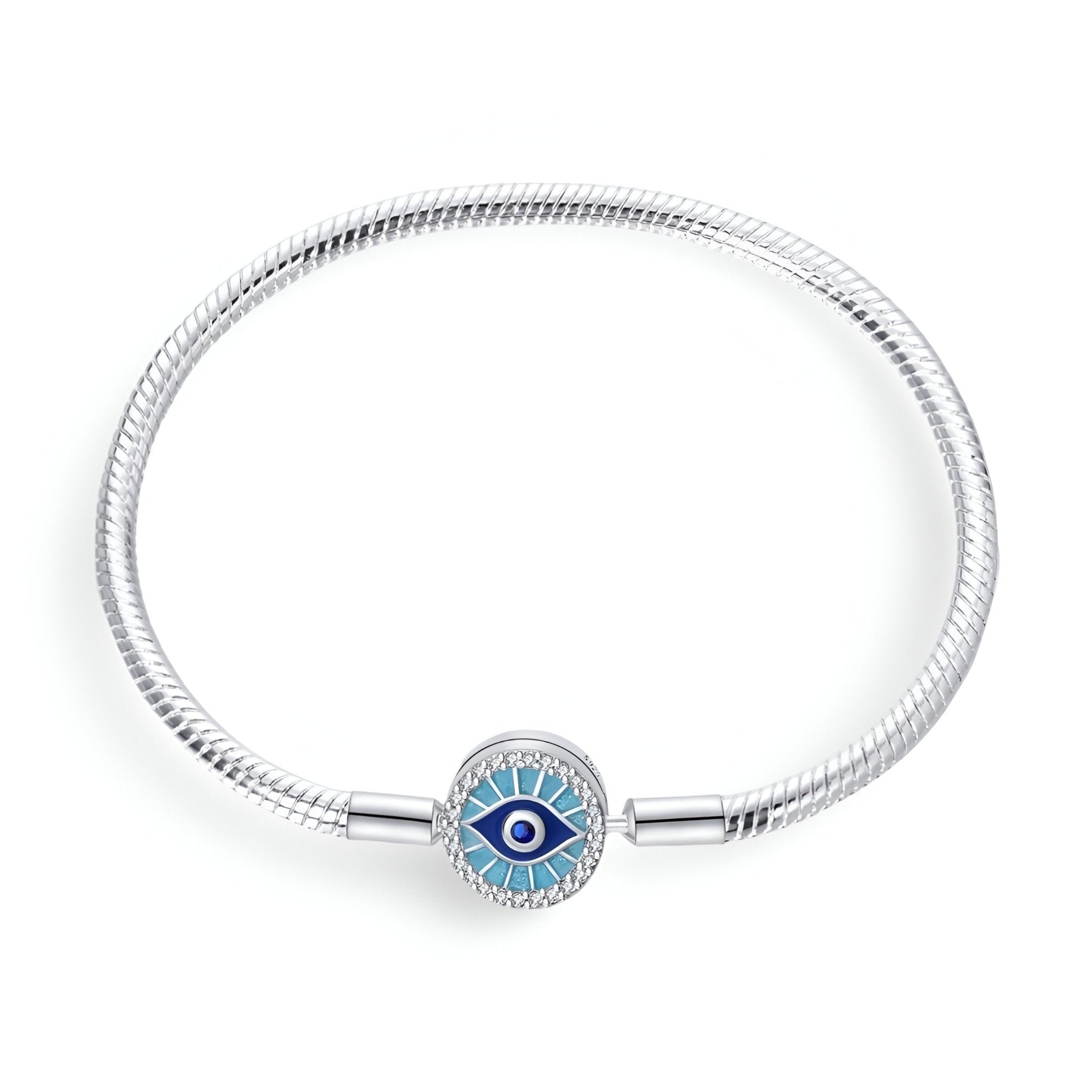 Bracelet argenté rigide avec charm œil de protection bleu et blanc, modèle Aranka, taille 17 cm.