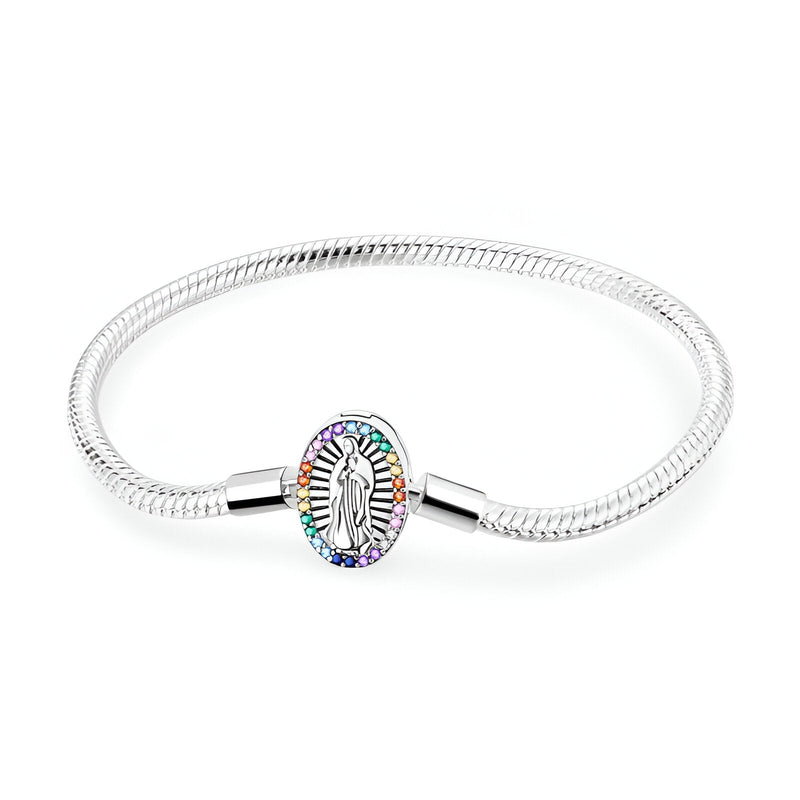 Bracelet en argent avec pendentif Vierge Marie orné de pierres multicolores, style serpent flexible.