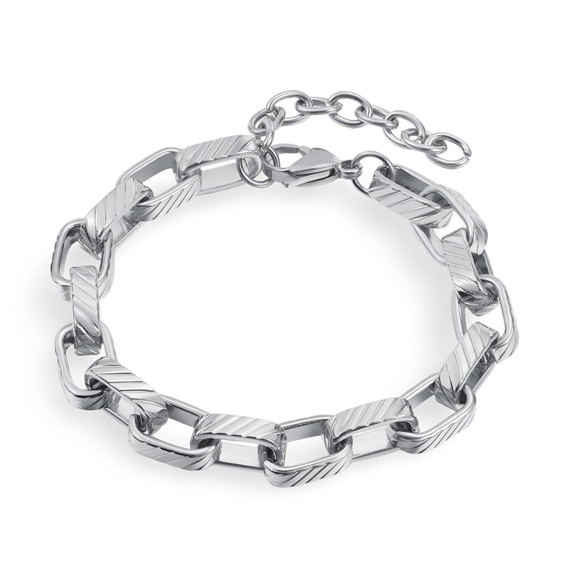 Bracelet pour femme en acier inoxydable argenté à maille XL texturée modèle Aria avec fermoir réglable.