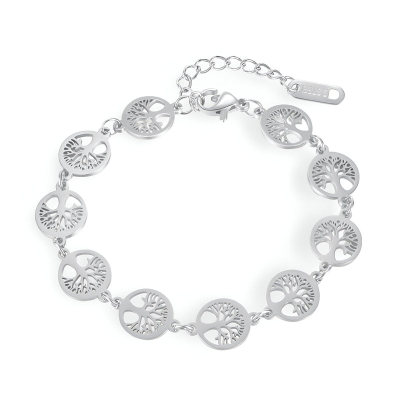Bracelet femme en acier inoxydable argenté avec pendentifs multiples arbres de vie ronds.