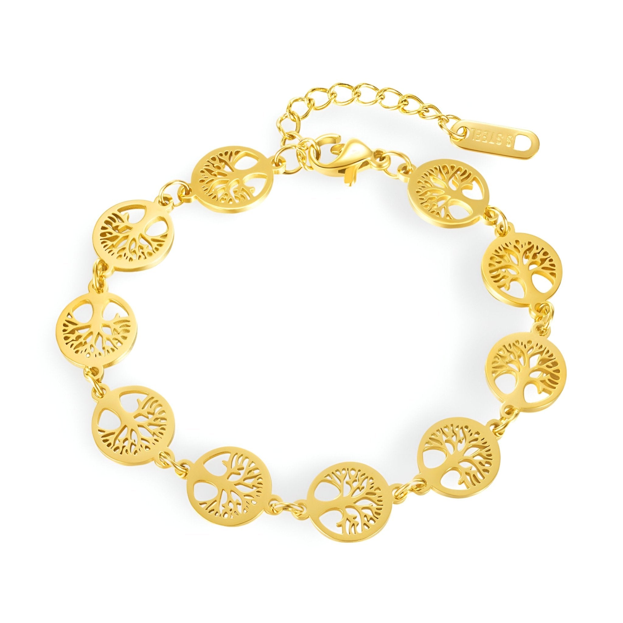 Bracelet femme en acier inoxydable doré avec plusieurs pendentifs arbres de vie ronds et chaîne ajustable.