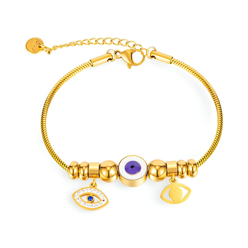 Bracelet femme en acier inoxydable doré avec pendentifs œil violet et charms protecteurs détaillés.
