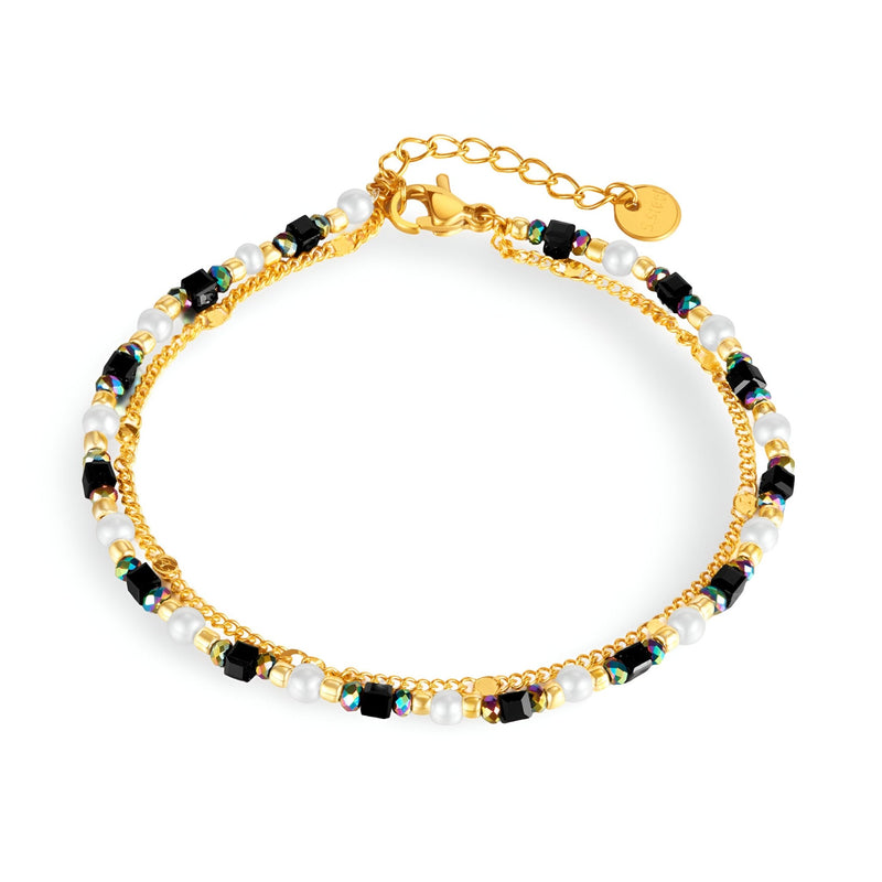 Bracelet femme or en acier inoxydable avec perles blanches et pierres noires naturelles, fermoir chaîne réglable.