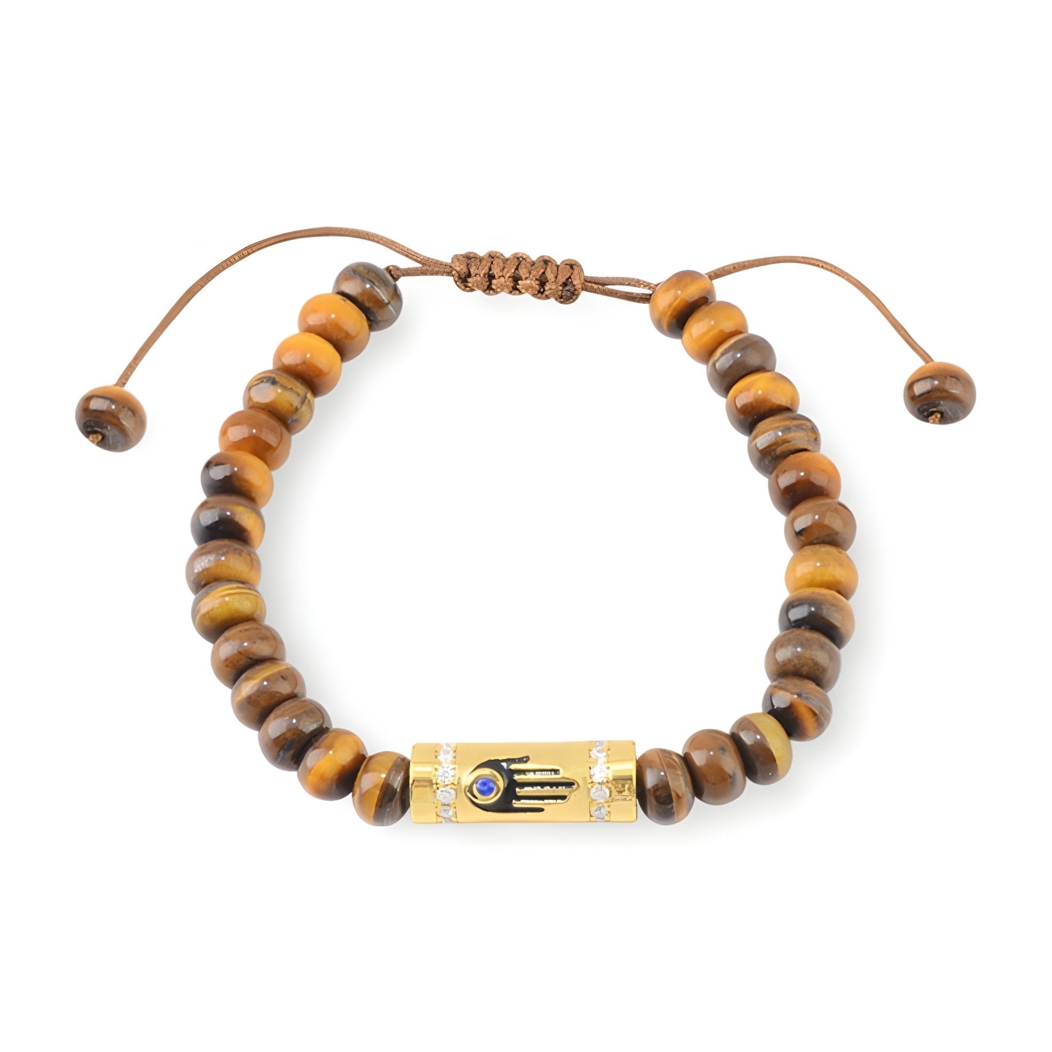 Bracelet pour femme avec perles en œil de tigre marron et pendentif main égyptienne doré réglable.