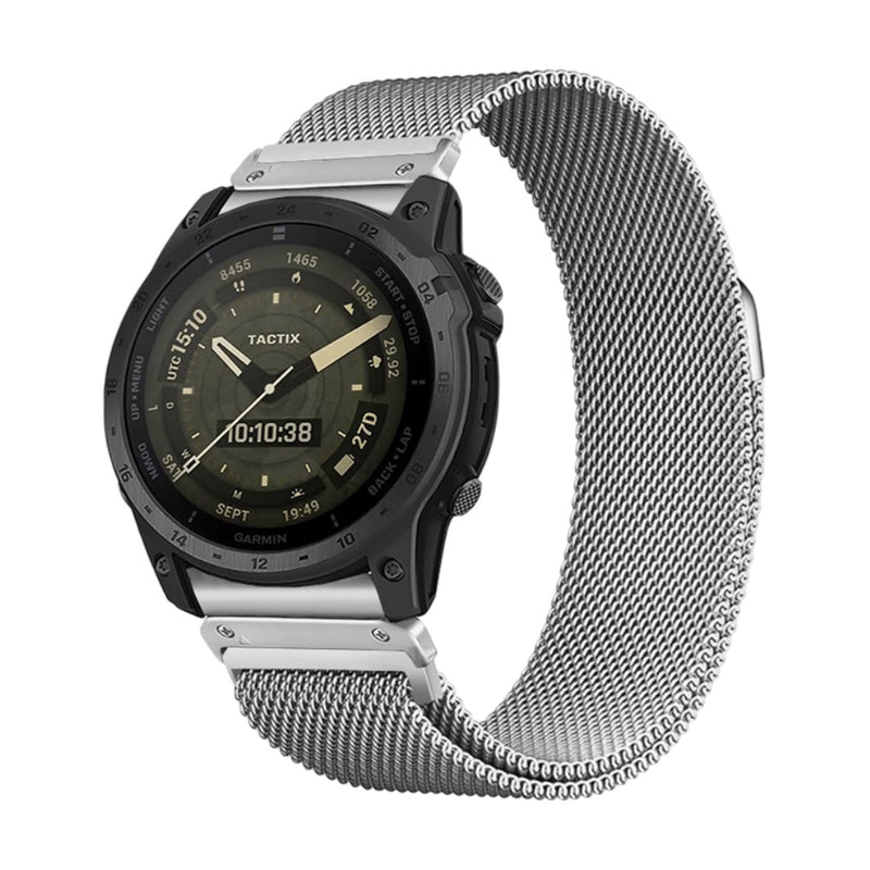 Bracelet maille milanaise en acier inoxydable argenté compatible montres Garmin, 22 mm.