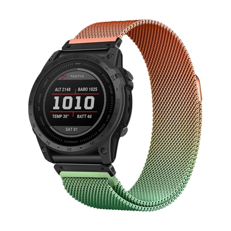 Bracelet milanais en acier inoxydable dégradé orange vers vert pour montre connectée Garmin.