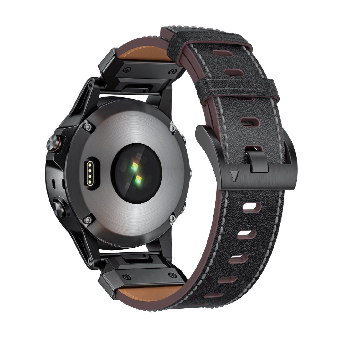 Bracelet en cuir pleine fleur noir avec coutures rouges, boucle noire pour montre connectée Garmin Larphin.