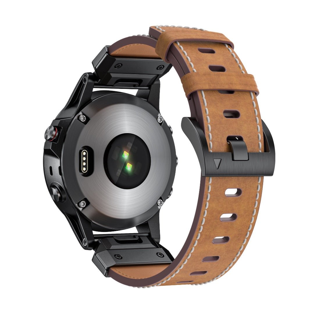Bracelet en cuir pleine fleur marron clair, couture blanche, boucle noire mate, compatible montre Garmin Larphin.