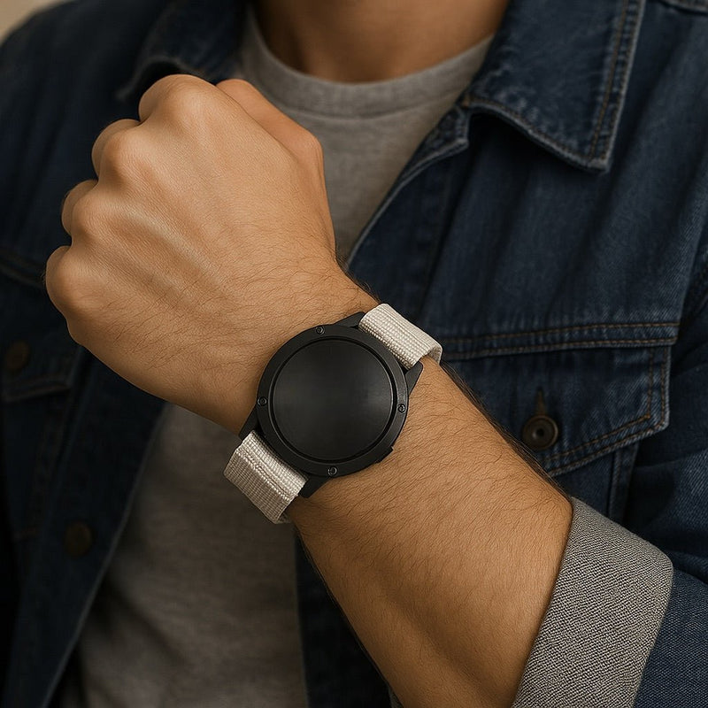 Bracelet nylon blanc résistant pour montre connectée, attache rapide, style minimaliste.