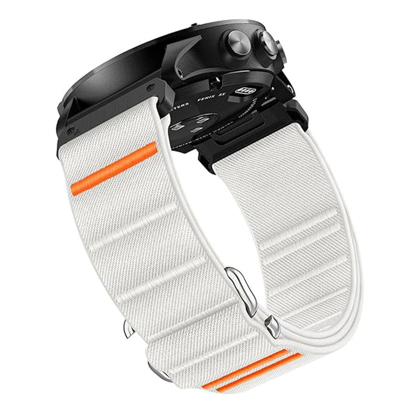 Bracelet nylon blanc durable avec attache tactique orange pour montre connectée Garmin, 26 mm.