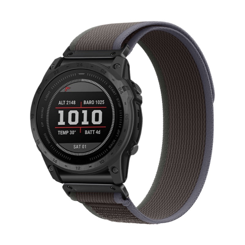 Bracelet pour montre connectée Garmin en nylon résistant marron avec attache velcro noire.