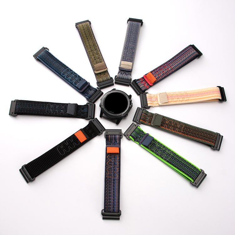Lot de bracelets en nylon résistants pour montre Garmin, finition velcro, couleurs variées.
