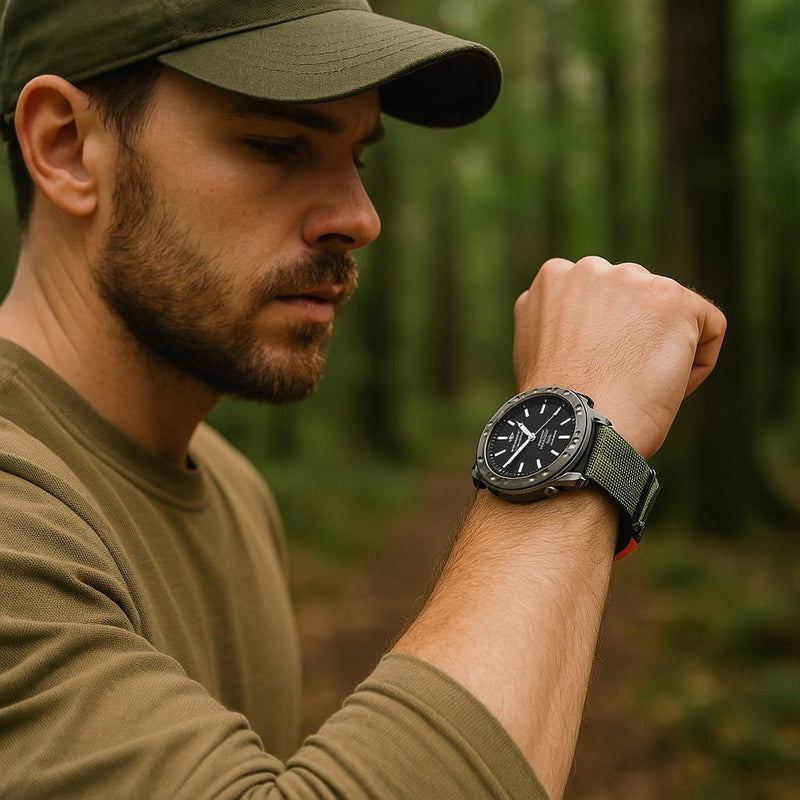 Bracelet montre connecté nylon kaki avec attache velcro tactique sur poignet masculin.