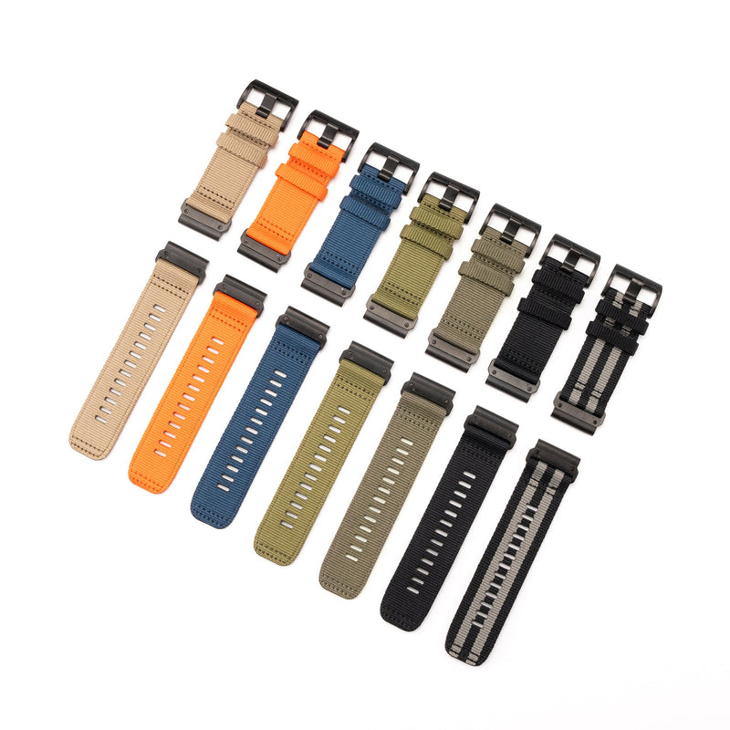 Bracelets pour montre connectée Garmin en nylon robuste, coloris beige, orange, bleu, kaki, noir et noir/gris, plusieurs.
