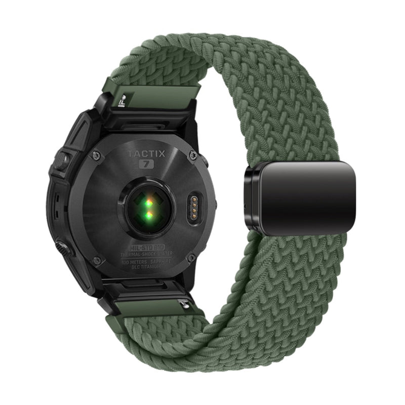 Bracelet tressé en nylon vert olive épais avec fermoir magnétique noir, compatible montre Garmin.