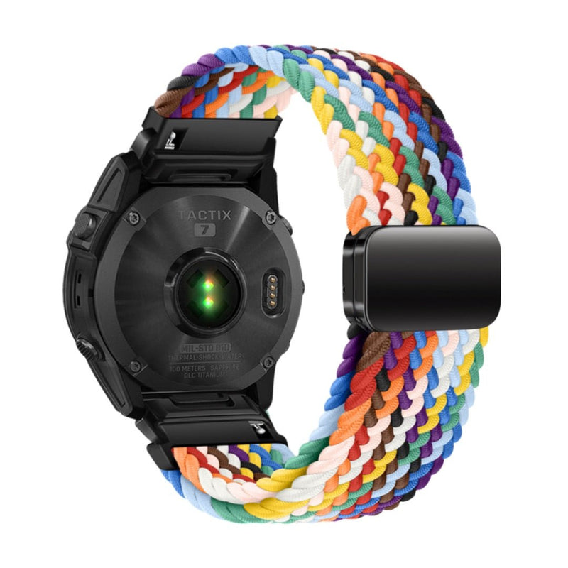 Bracelet en nylon tressé multicolore, épais et résistant, avec fermoir magnétique noir adapté montre Garmin.