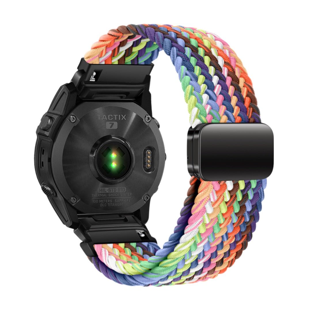 Bracelet nylon tressé multicolore épais avec fermeture magnétique compatible montres Garmin.