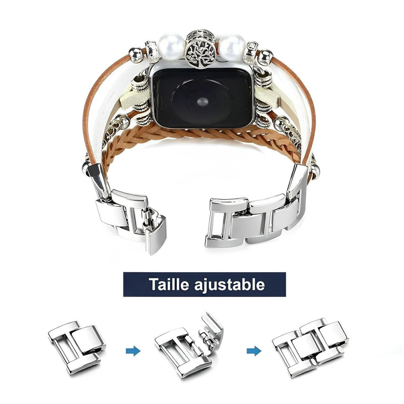 Bracelet multi-rangs simili végan beige et marron avec double anneau argenté pour montre connectée, fermoir réglable en.