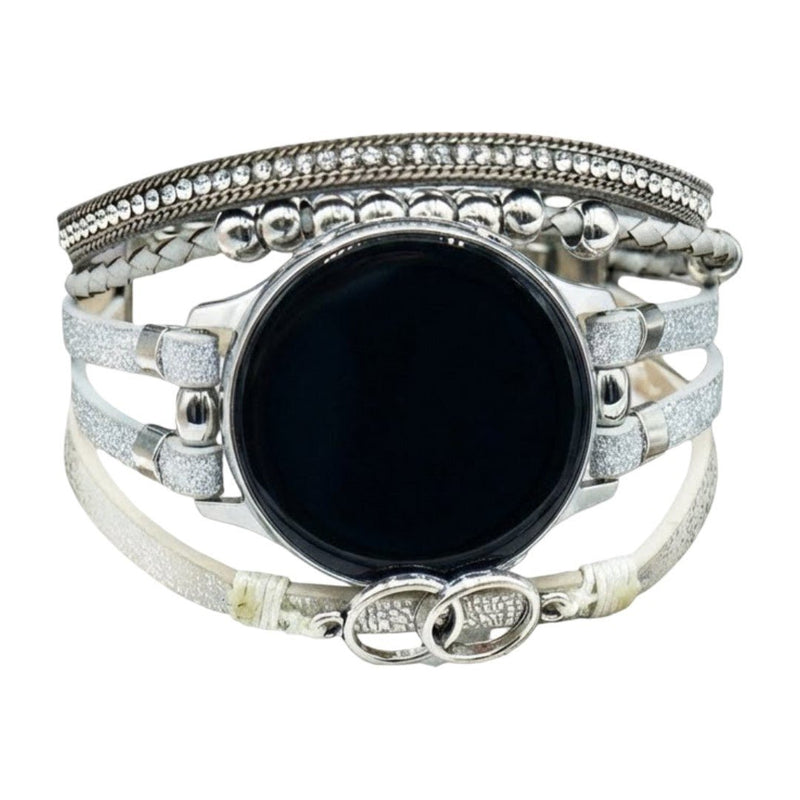 Bracelet multi-rangs argenté en simili végan avec double anneau, orné de strass et perles rondes, modèle Dilène pour montre.