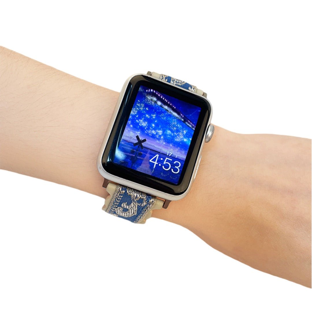 Bracelet en cuir bleu brodé avec motifs floraux pour Apple Watch, ajustable, style 1.