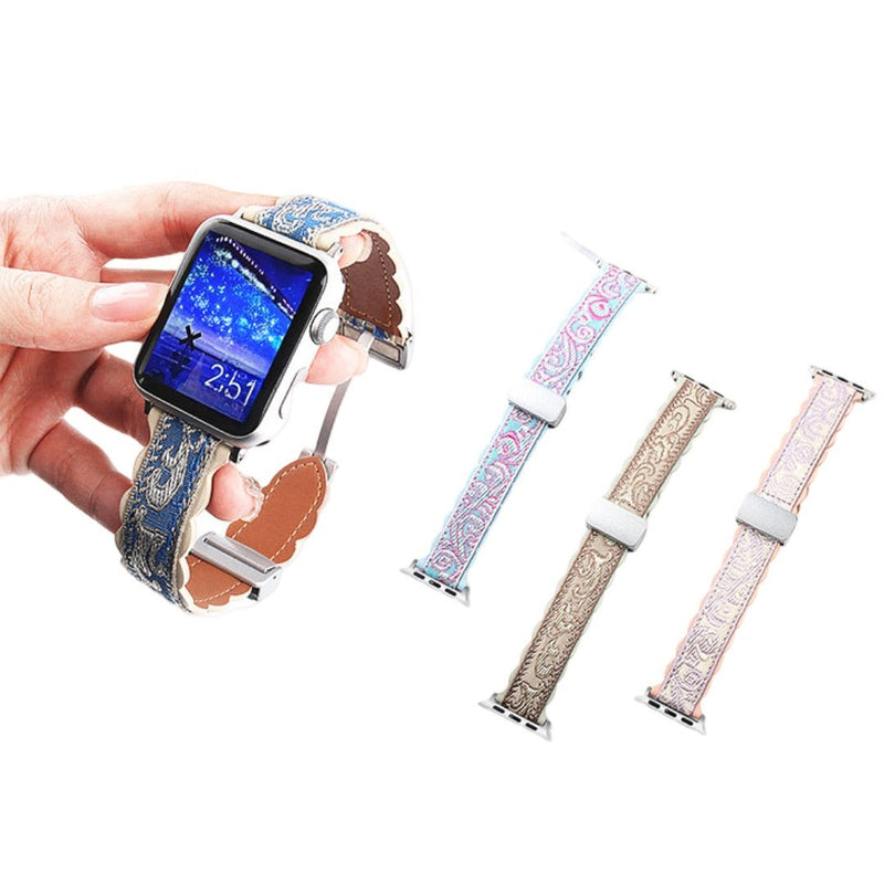 Bracelet en cuir brodé multicolore avec motifs floraux pour Apple Watch, ajustable, style 1.