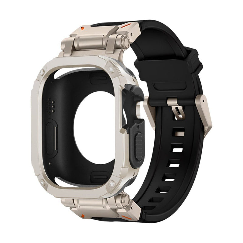 Bracelet noir en TPU renforcé avec coque grise anti-choc, design sport et robuste pour Apple Watch.