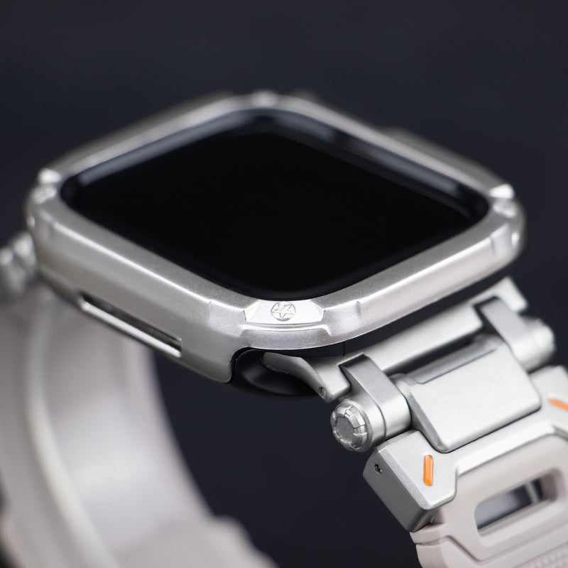 Bracelet robuste gris en TPU renforcé avec coque anti-choc intégrale, design sport pour Apple Watch.