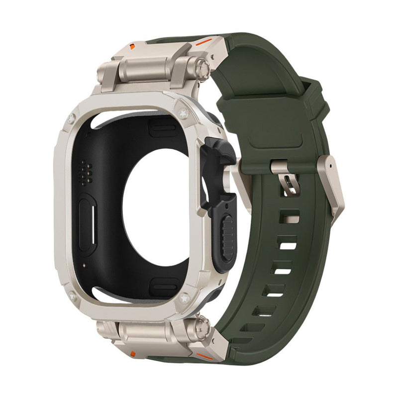 Bracelet pour montre connectée vert foncé en TPU renforcé avec coque anti-choc argentée, design sportif robuste.