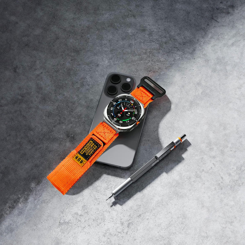 Bracelet en nylon orange avec fermoir velcro pour montre Huawei Watch modèle Omar, taille 40-44 mm.