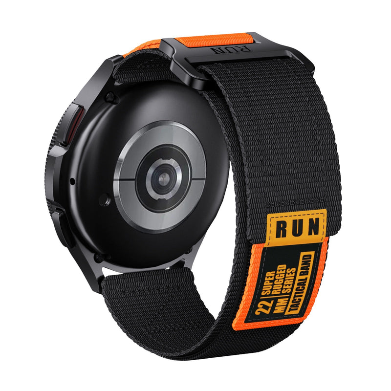 Bracelet nylon noir avec fermoir velcro orange et étiquette RUN pour montre connectée Huawei Watch.