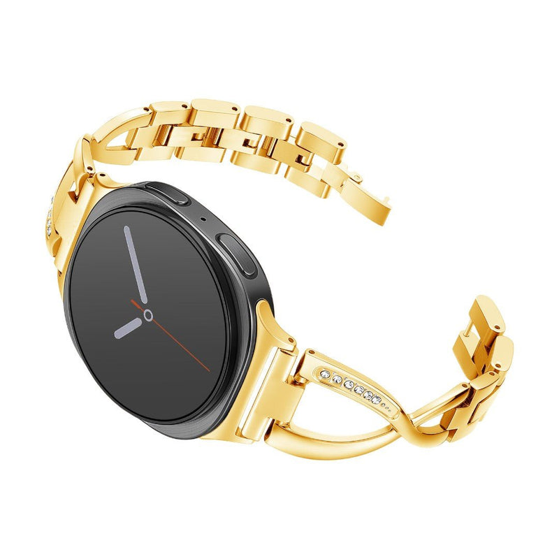 Bracelet doré en maille métallique pour Samsung Watch 8 et Ultra, boucle croisée avec zircon, design élégant et raffiné.