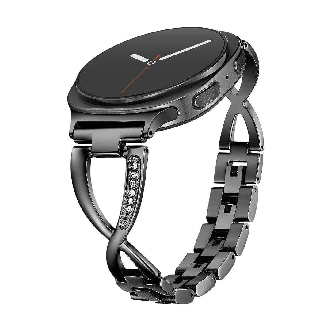 Bracelet maille métallique noire pour Samsung Watch, boucle croisée ornée de petits zircons scintillants, design raffinée et