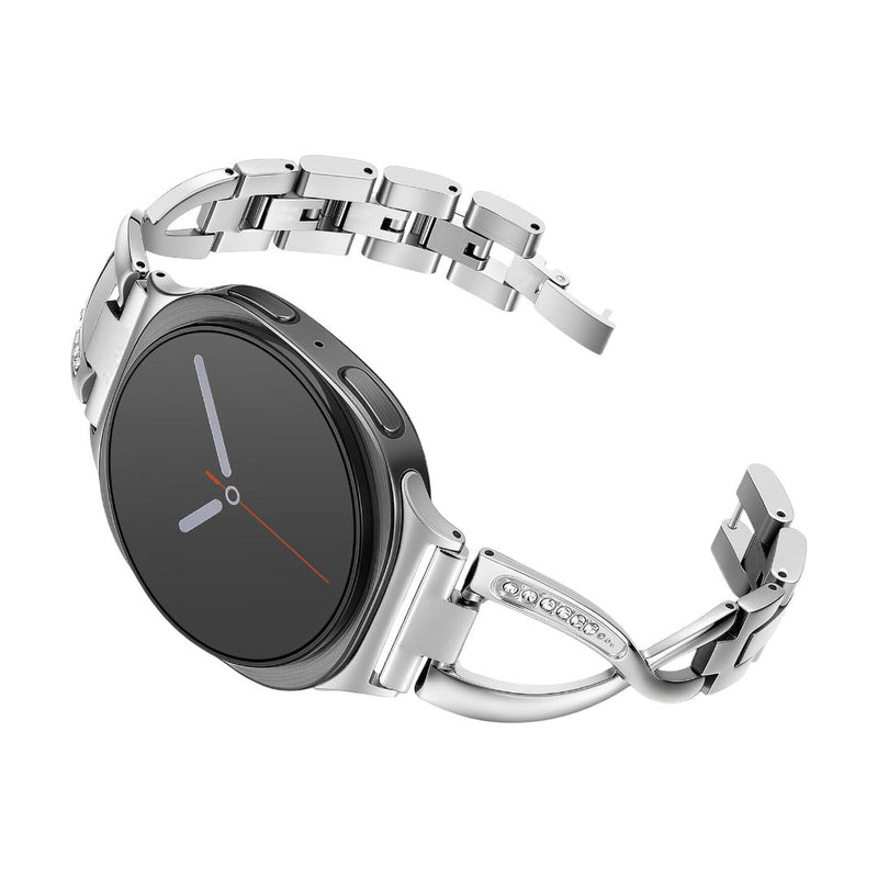 Bracelet métallique argenté pour Samsung Watch 8 et Ultra, maille en maillons larges avec boucle croisée ornée de zircons.