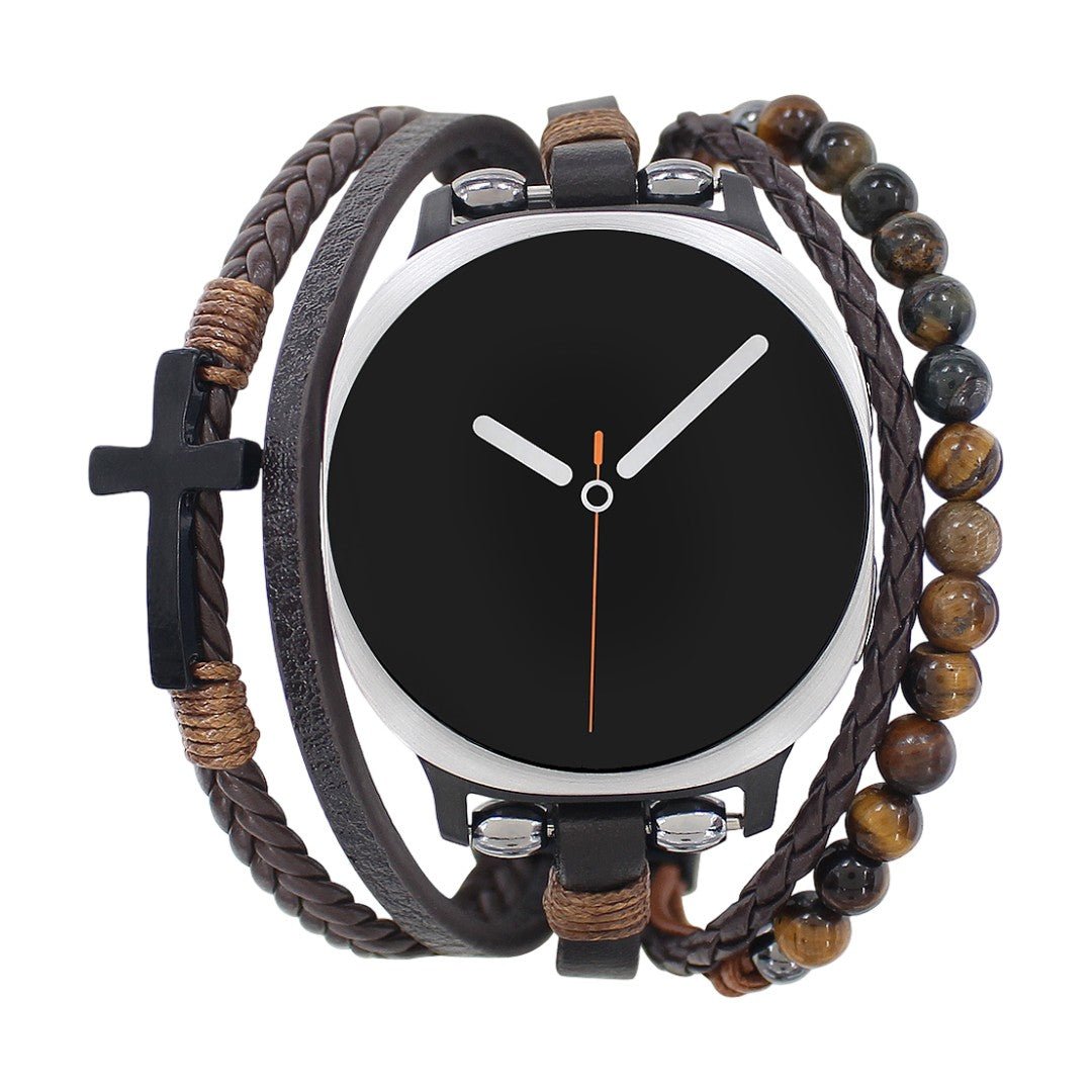 Pulsera para Samsung Watch 8 de cuero vegano y ojo de tigre, pulsera multihilera con cruz, estilo moderno ajustable, modelo Alister