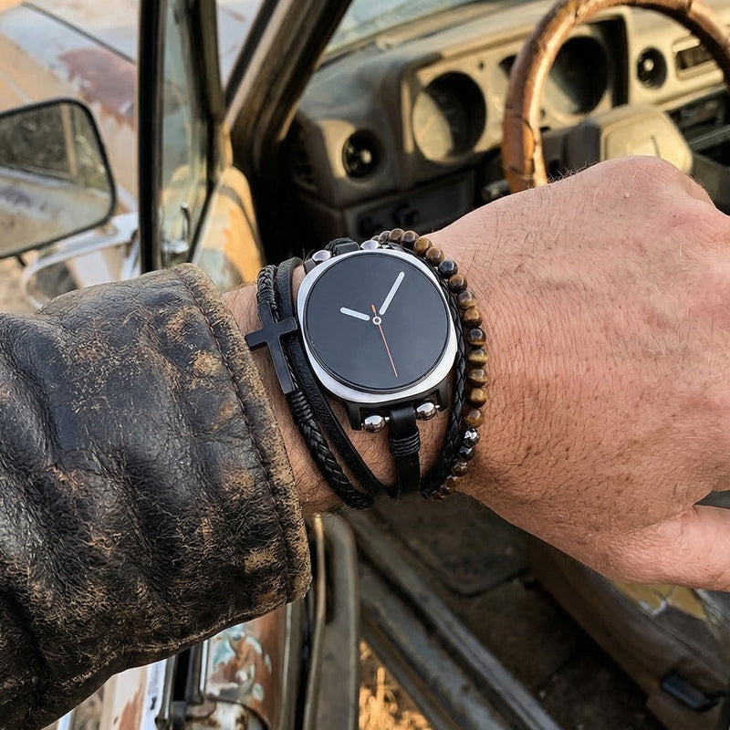 Bracelet Samsung Watch 8 simili vegan et œil de tigre, bracelet multi rangs avec croix, style moderne ajustable, modèle Alister