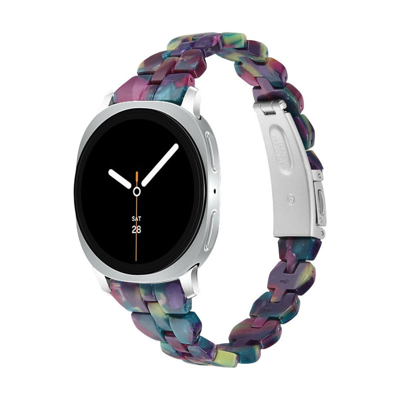 Bracelet Samsung Watch en résine colorée aux maillons larges, boucle déployante en acier inoxydable, style chic et moderne.