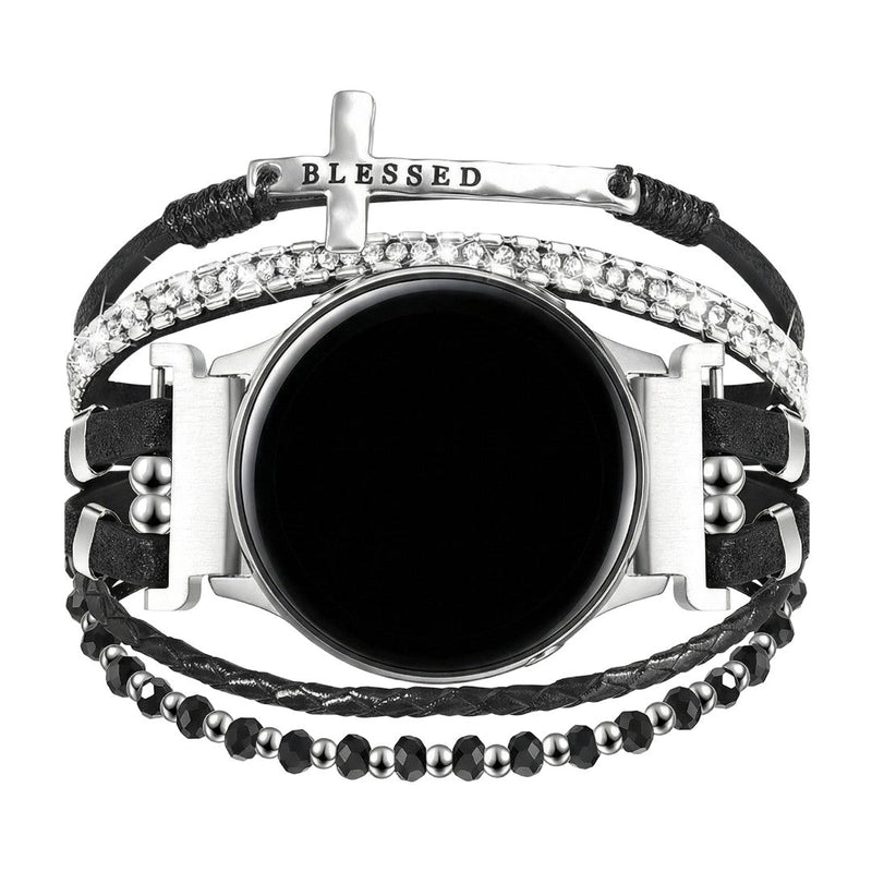 Samsung Watch / Garmin Watch / Ice Watch / Huawei Watch Bracelet, multi-strand braided leather and stainless steel, sparkling stones and engraved cross "Blessed", Nadine model