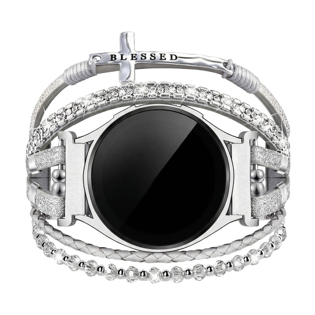 Armband voor Samsung-horloge / Garmin-horloge / Ice Watch / Huawei-horloge, meerlagig van gevlochten leer en roestvrij staal, fonkelende siersteentjes en gegraveerd kruis met "Blessed", model Nadine