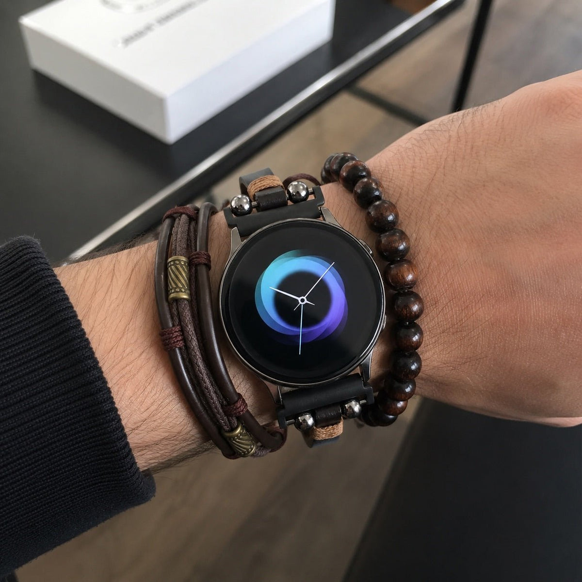 Armbånd til Samsung Watch / Huawei Watch / Garmin Quick Release / Ice Watch med flere rækker, naturlige træperler, justerbar kliklås, elegant etnisk stil, model Ipsène