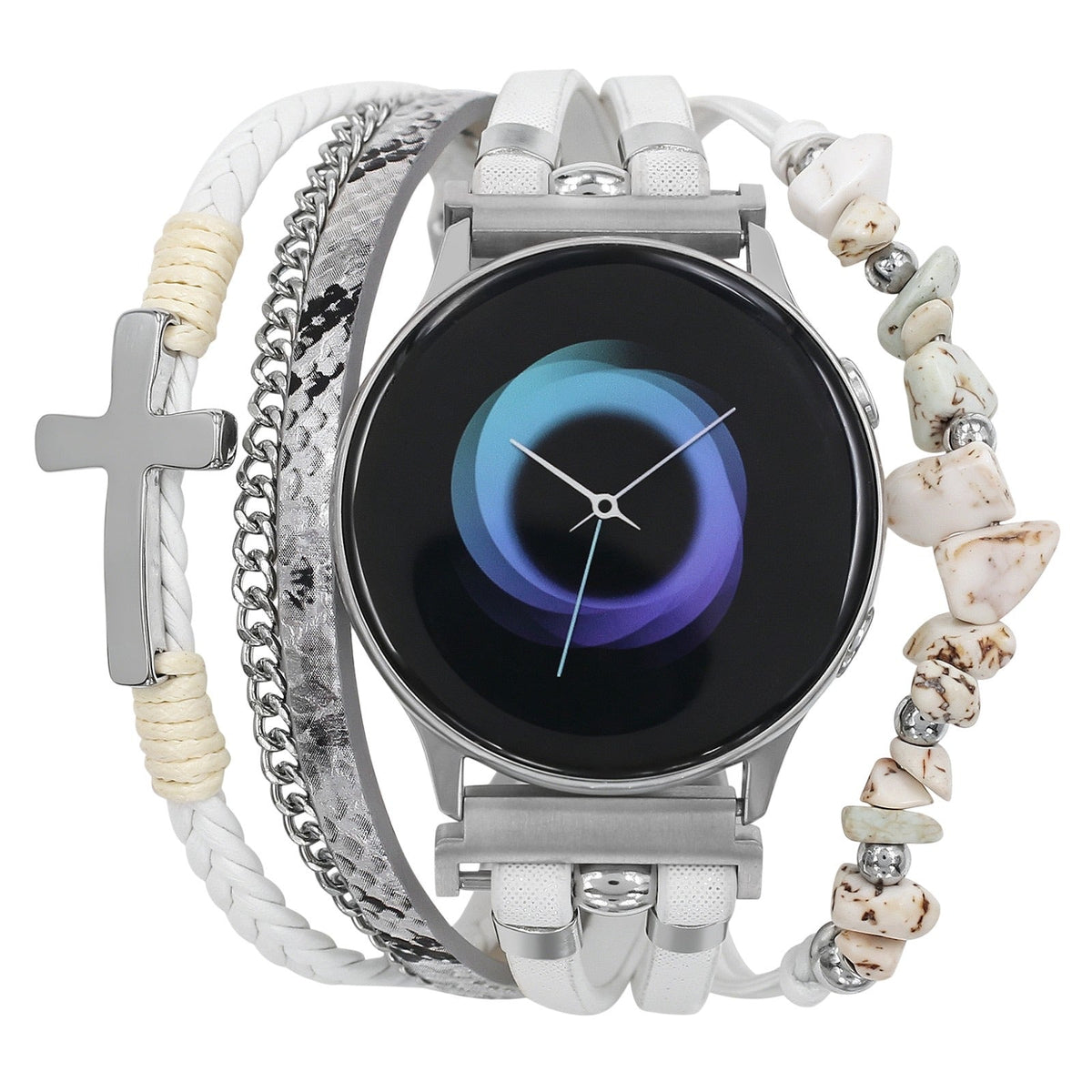 Bracelet Samsung Watch / Huawei Watch / Garmin Quick Release / Ice Watch pour montre connectée femme, avec pierres naturelles concassées, croix chrétienne, et maillons ajustables, en alliage métallique, modèle Cestine