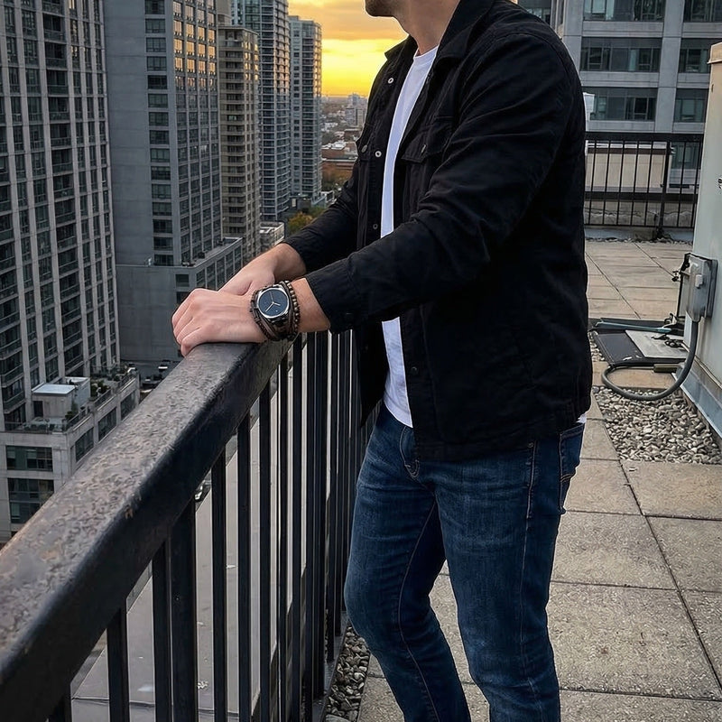 Bracelet Samsung Watch / Huawei Watch / Garmin / Ice Watch multi rangs simili vegan et perles œil de tigre, montre avec croix, design masculin moderne, modèle Dezio